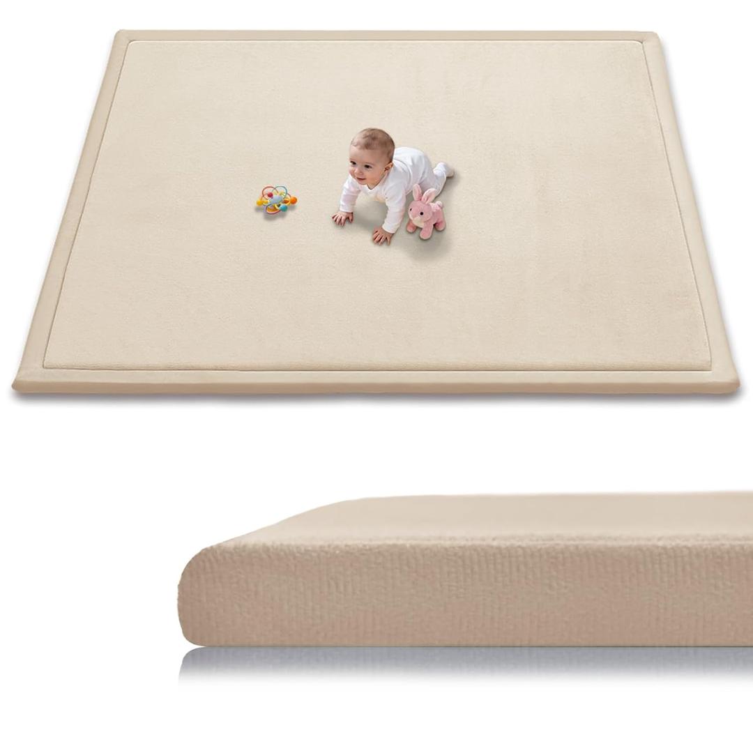 Baby Play Mat for Floor, 79'' x 71'' Thicken Foam Soft Padded Playmat for Tummy Time, Playpen Mat for Toddlers Infant Kids, Water-Repellent Coral Velvet, Non-Slip Bottom Safe for Crawling, Brown