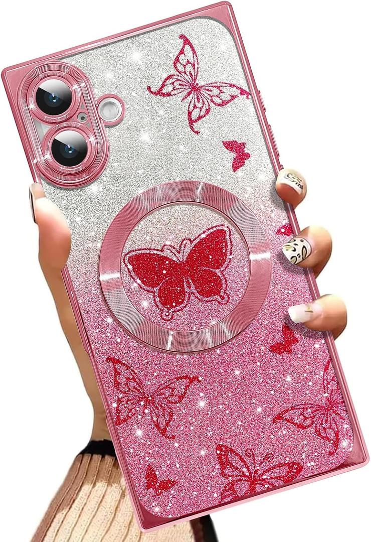AIGOMARA Phone Case for iPhone 16 Plus [Compatible with MagSafe] Butterfly Design Glitter Bling Case Shockproof Scratch-Resistant Soft TPU Cover for Women - Pink