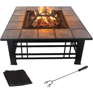 Fire Pit Set, Wood Burning Pit - Includes Spark Screen and Log Poker - Great for Outdoor and Patio, 32 Square Tile Firepit by Pure Garden
