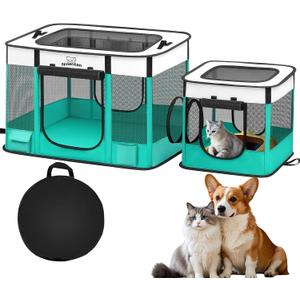 Portable Cat Pet Playpen, Foldable Cat & Small Dog Indoor/Outdoor Tent with Waterproof Base, Lockable Zippers, 600D Oxford 12-Rods 32"x24"x22" for Kitten Puppy