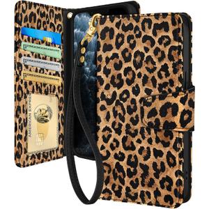 Toycamp for iPhone 11 Pro Wallet Case with Wrist Strap - Leather Flip Folio Phone Case with RFID Blocking 4 Card Holder for Apple for iPhone 11 Pro Funda Cute Aesthetic for Women Ladies, Leopard Print