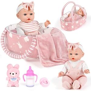 Dreamon 12'' Baby Doll Playset with Carrier Bassinet Bed, 11PCS Baby Doll Accessories Includes Pacifier, Blanket, Pillow, Diaper, Pretend Play Set Baby Doll Care Toys Gifts for Kids Girls, Only Doll,Missing Parts