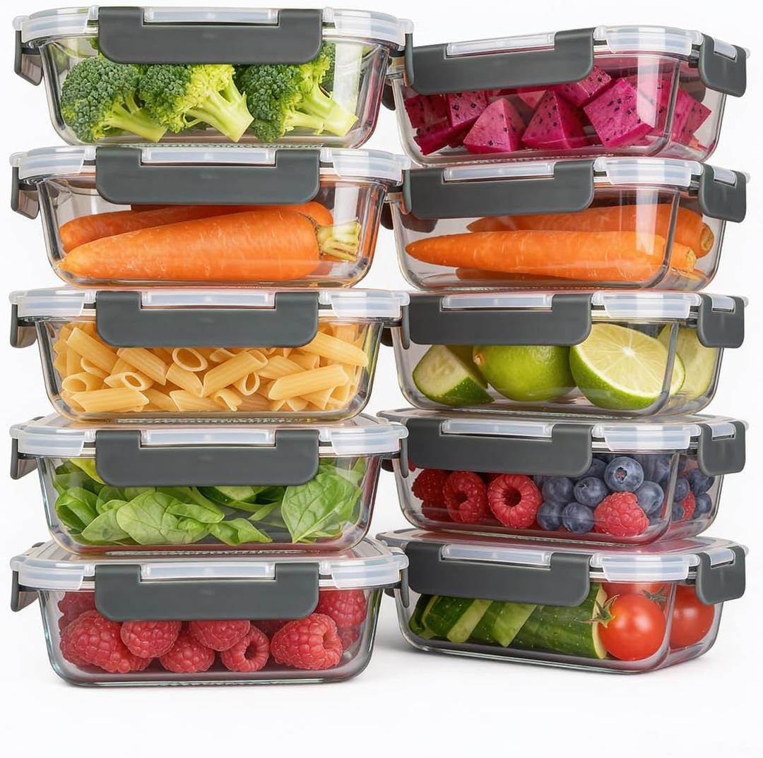 KAMOTA Glass Food Storage Containers, 10 Pack Glass Meal Prep Containers, Airtight Containers with Snap-Lock Lids, 22 oz Grey Container Set with Lids, for Microwave/Oven/Freezer/Dishwasher