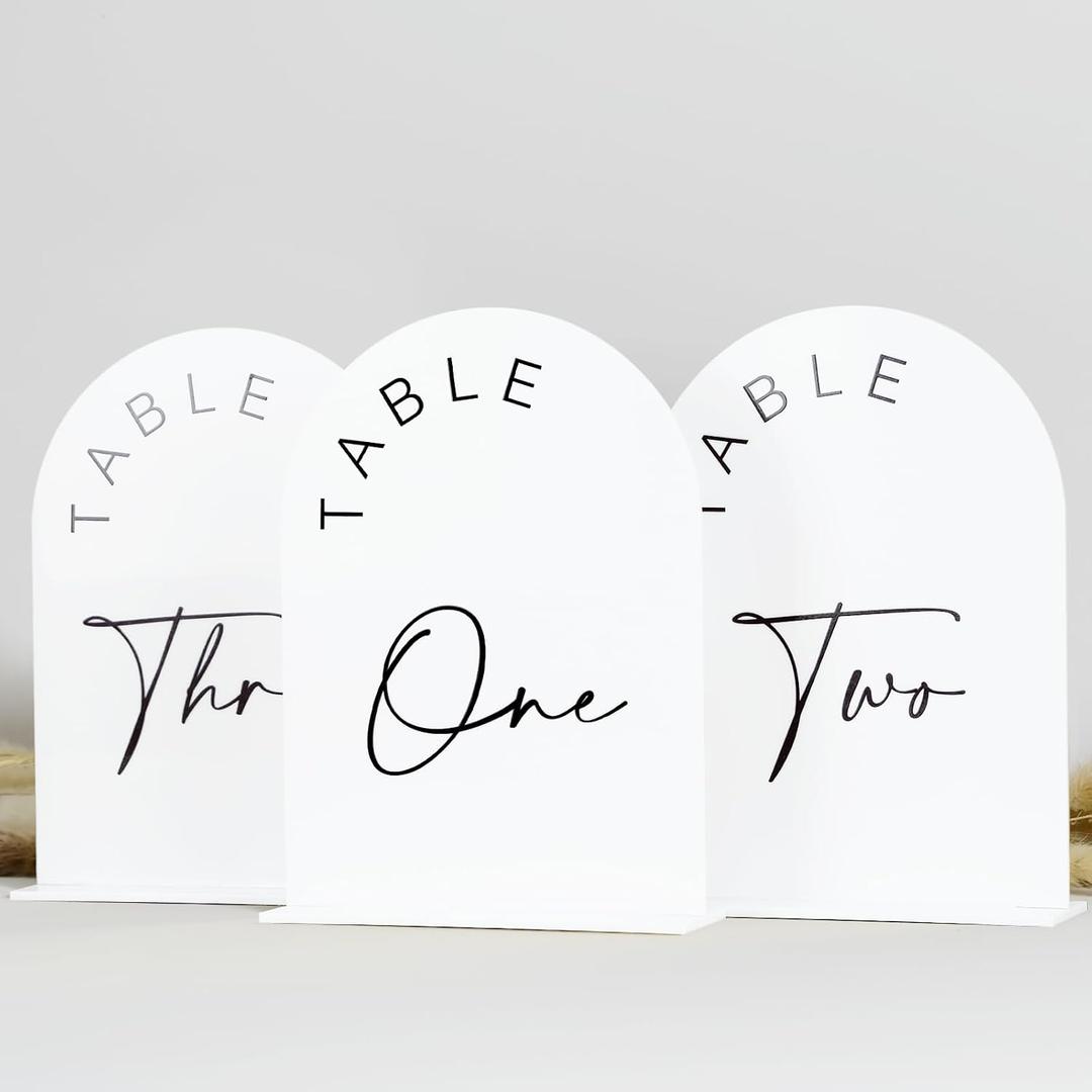 JINMURY White Arch Wedding Table Numbers 1-15 with Stands, 5x7 Inch Acrylic Arch Sign with Black Lettering, White Acrylic Table Numbers for Wedding Reception