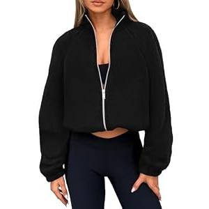 PRETTYGARDEN Womens 2025 Winter Fleece Jacket Trendy Long Sleeve Zip Up Cropped Warm Sherpa Coat Fall Fashion Workout Clothes (Black, XX-Large)