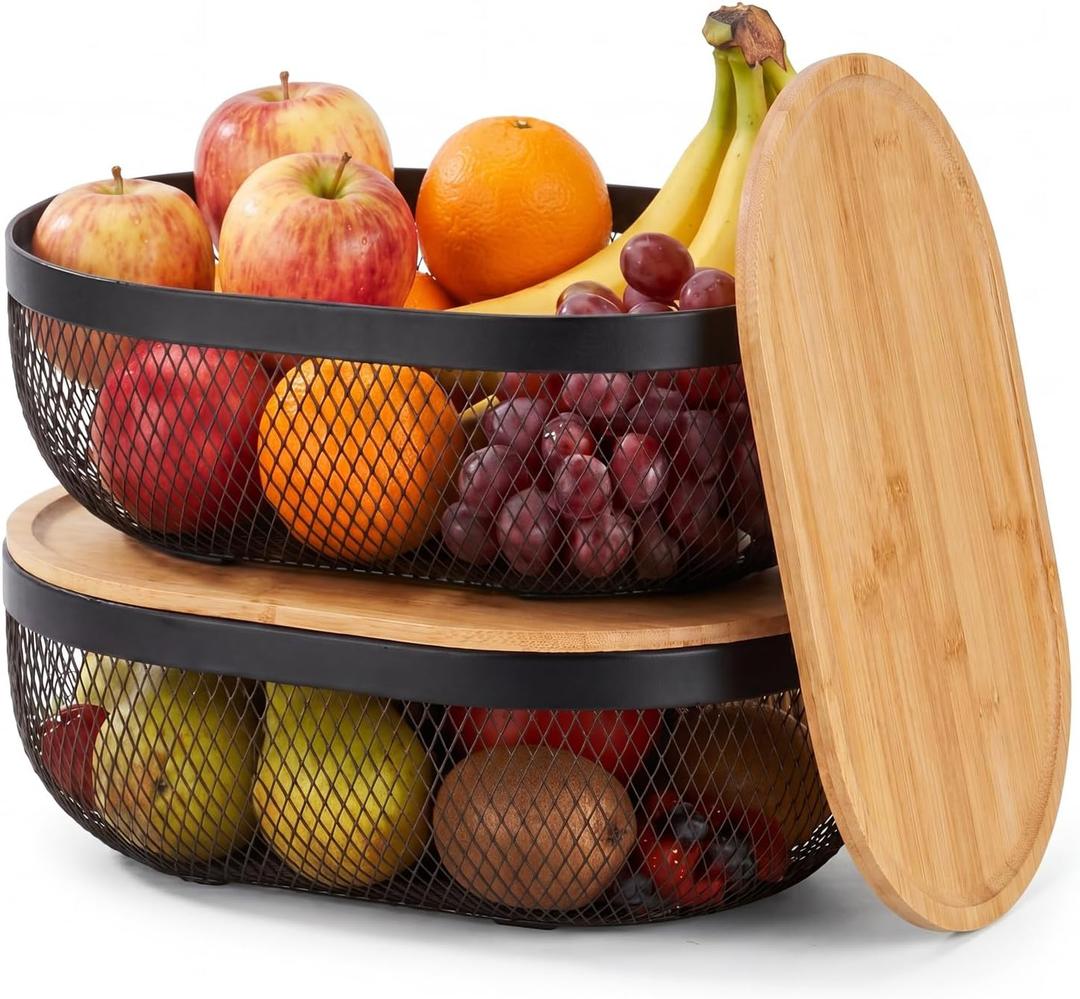 2 Pcs Oval Metal Mesh Storage Baskets with Tray Lids, Black Wire Organizer for Kitchen Countertop, Multi-functional Fruit and Bread Baskets for Home, Cabinet and Decorative Storage