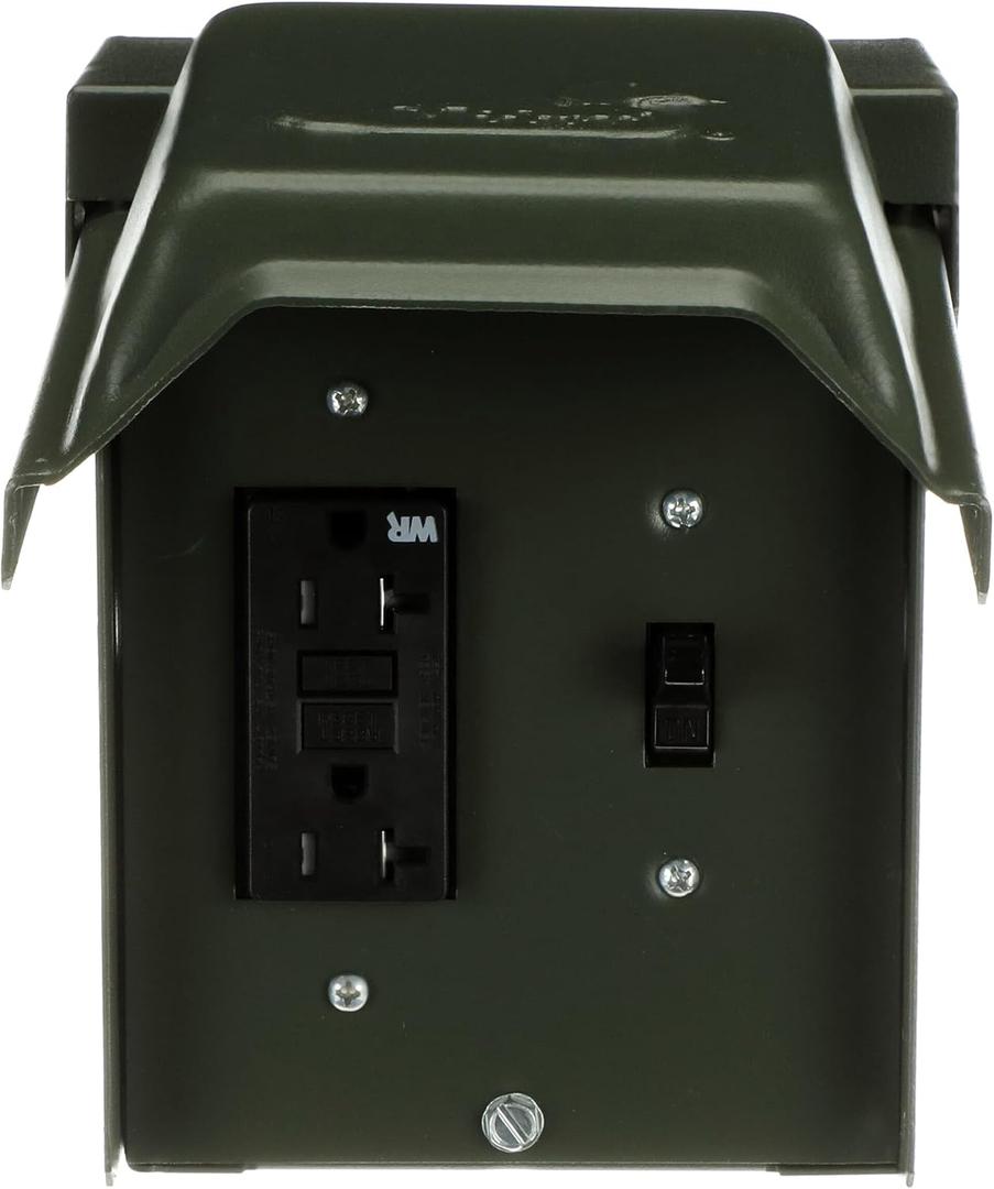MIDWEST U010S010GRP Power Outlet with Switch  20 Amp Backyard Outlet with Switch and GFI Receptacle  Weather-Resistant  GFCI Safety Circuit  Green Outdoor Metal Enclosure