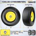 2 Pcs 15x6.00-6nhs Flat Free Lawn Mower Tire and Wheel,15x6-6 Lawn Mower Tire with 3/4" & 5/8" Bearing-1"Bushings,3" Centered Hub,Compatible with John Deere Husqvarna Riding Mowers Lawn Tractors