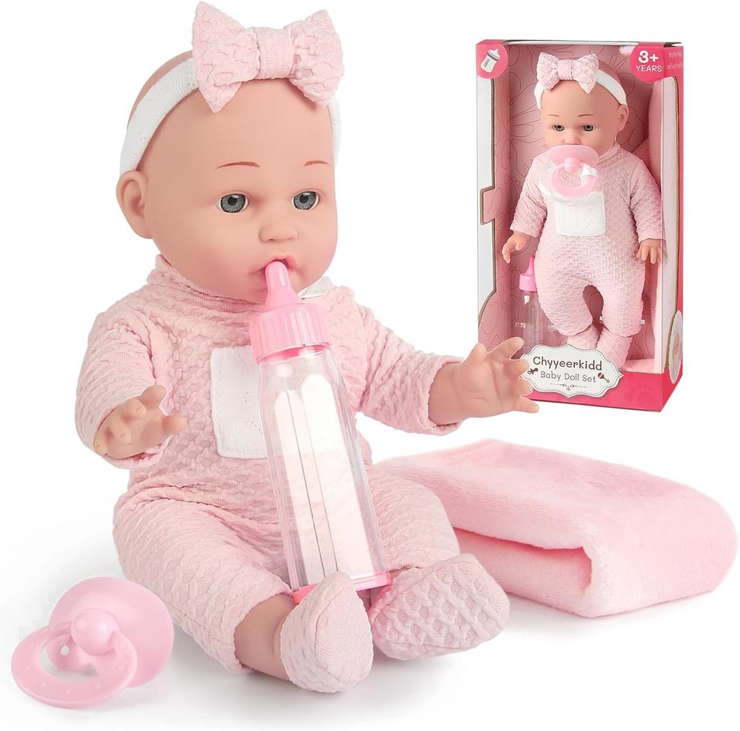 Chyyeerkidd 12'' Baby Doll in Gift Box - Toddler Baby Doll Set with Pacifier, Feeding Bottle, Blanket | Great Gift for 3+ Year Girls Pink