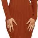 MEROKEETY Women's 2024 Ribbed Long Sleeve Sweater Dress High Neck Slim Fit Knitted Midi Dress (Large, Caramel)