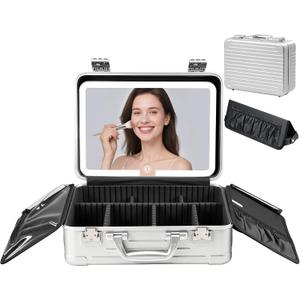 BEAUTY CASE Makeup Case with LED Mirror, 16 inch PC and Aluminum Shockproof Hard Shell Cosmetic Organizer Case, Portable Travel Vanity Box with Brush Board, Combination Lock, Silver