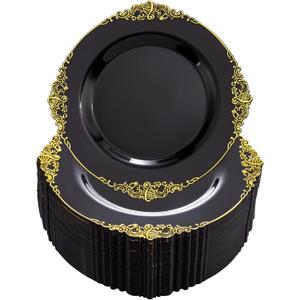 Nervure 100PCS Black Gold Plastic Plates - 7.5 inch Black Plastic Plates with Gold Rim - Disposable Black Gold Dessert Plates for Wedding & Party & New Year (7.5inch)