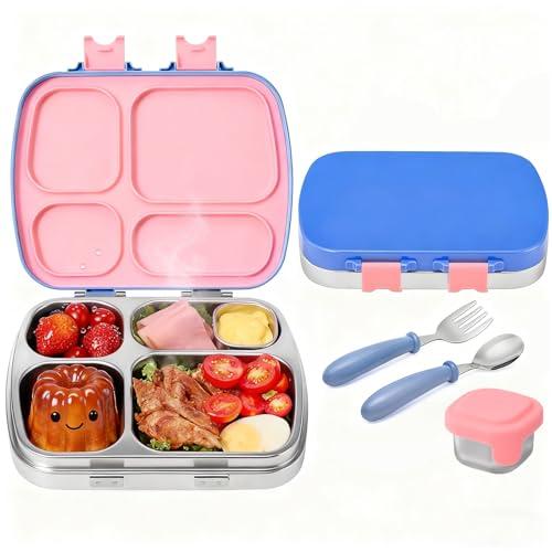 MISS BIG Stainless Steel Lunch Box for Kids 4 Compartments, Comes with Spoon, Fork and Sauce Container with Lid, Leak Proof Bento Box, BPA-Free, Drop-Resistant, for School, Office (Blue Pink)