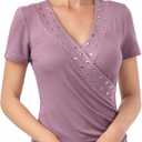 AmélieBoutik Women Deep V Neck Cross Wrap Top Slim Fitted Stud Trim Short Sleeve Blouse Top (S)