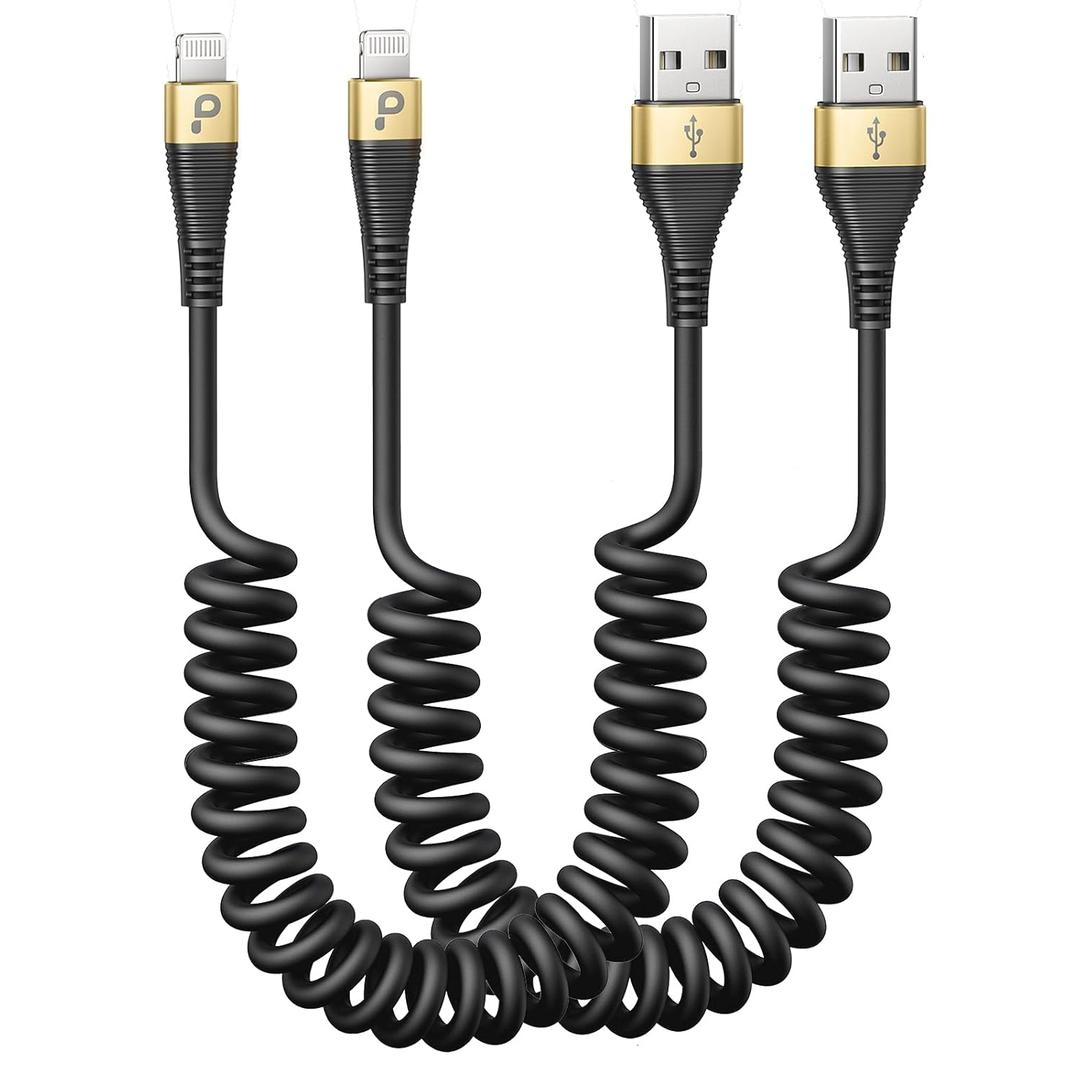 iPhone Charger Cable for Car, 2 Pack 5FT [Apple MFi Certified] Coiled Lightning Cable iPhone Charger Cord Compatible with iPhone 14/13/12/11 Pro Max/XS MAX/XR/XS/8/iPad/iPod/CarPlay-Gold (5FT, Gold)