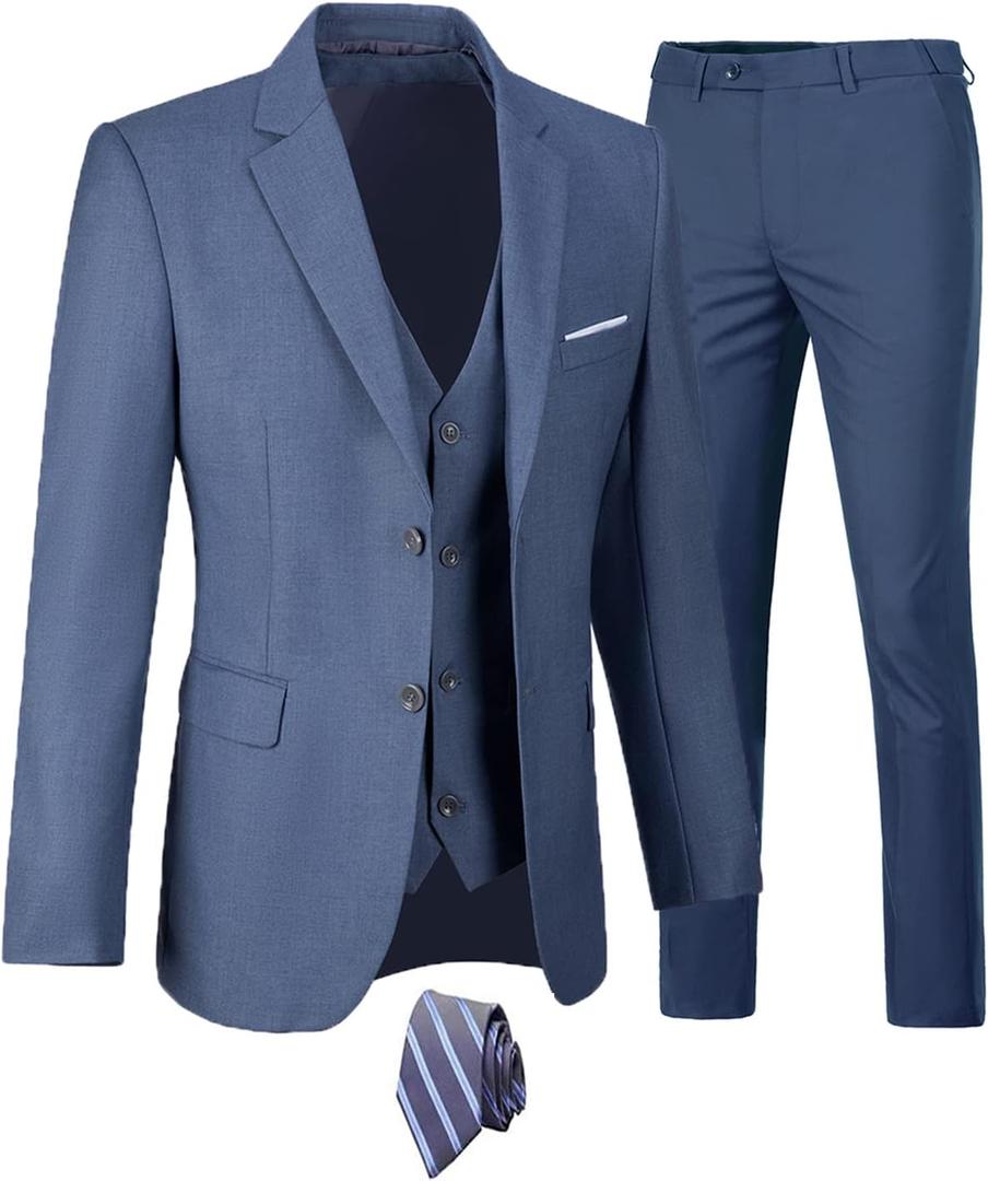 Mens 3 Piece Suits 2 Button Slim Fit Suit for Men Formal Tuxedo Blazer Suit Set Wedding Prom Business Jacket Vest & Pants Denim Blue-M
