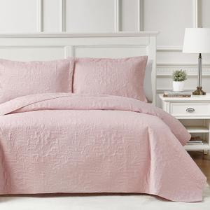 Hansleep Pink Quilt Queen Size - Damask Ultrasonic Summer Bedspread Queen, Soft Lightweight Coverlet Bedding Set, 3 Pieces (1 Quilt, 2 Pillow Shams) (Full/Queen-90"x96")