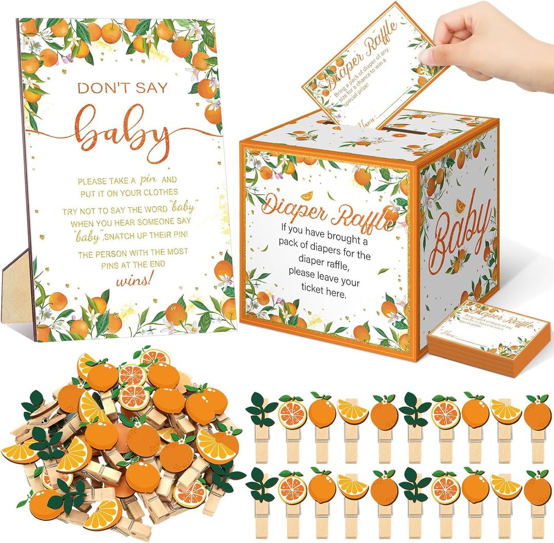 Cinnvoice 102 Pcs Diaper Raffle Tickets with Raffle Box Baby Shower Party Decorations Don't Say Baby Sign Clothespin for Gender Reveal Party Invitation Insert Card Theme Game(Orange,Cutie)