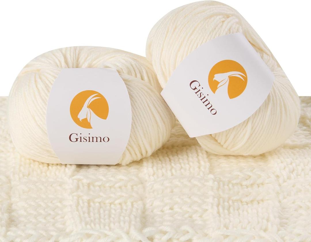 2 Balls Merino Wool Yarn, 12-Ply Luxurious and Soft Yarn for Hand Knitting & Crocheting, 1.76 OZ/50g, 120 yds/110 MetersWhite,2Balls