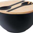 12.6" Extra Large Salad Serving Bowl Set with Wooden Lid&Utensils, 8.4Qt., Bamboo Fiber Salad Bowl with Servers for Kitchen, Big Bowl for Mixing Salad,Fruit,Pasta (Matte Black)