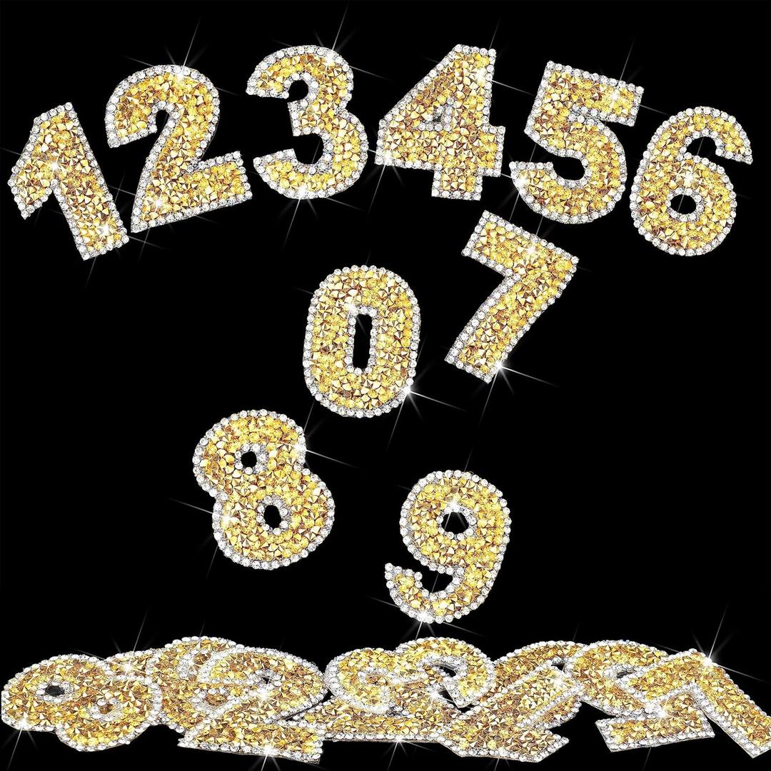 Locacrystal 60pcs Bling Rhinestone Numbers Sticker 6sets 0-9Digits Self-Adhesive Iron on Crystal Numbers Stickers for DIY Crafts Laptop Gifts Furniture Car Clothing Decorations(Gold+White,1.73")