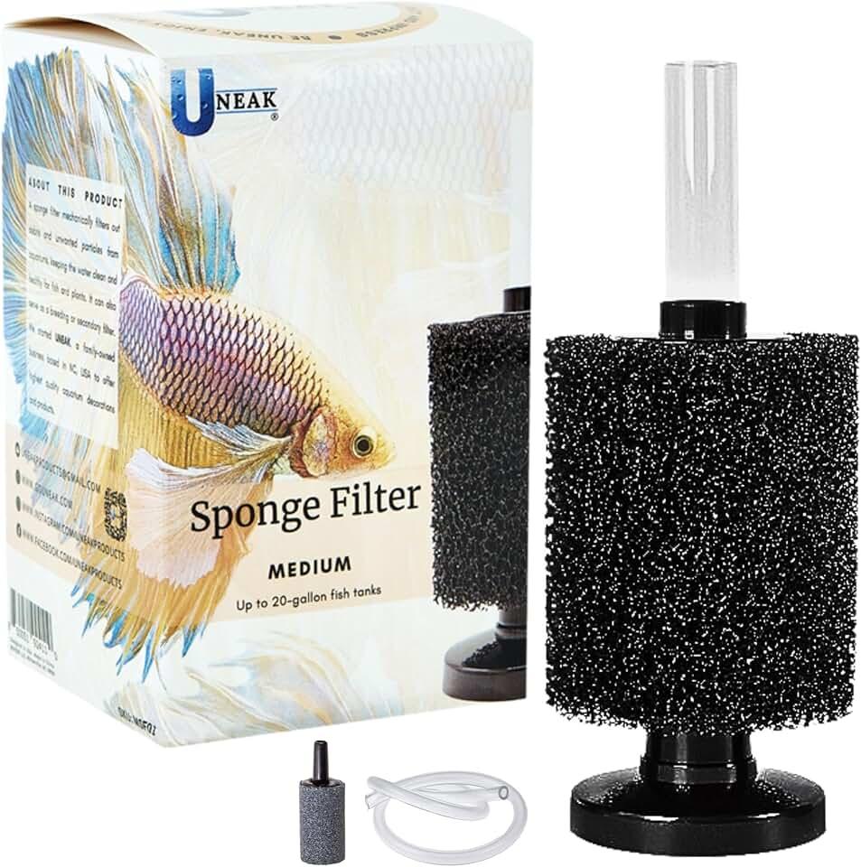 UNEAK Medium Aquarium Sponge Filter Fish Tank Silent Filteration Breeding Fry Betta Shrimp Nano Tank Accessories Air Stone 4-inch Airline Tubing up to 20 Gallon