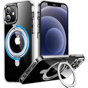 Temdan Magnetic for iPhone 12 & iPhone 12 Pro Case,[with 360Rotatable Invisible Magnetic O-Ring Stand][Shockproof][Compatible with MagSafe] Slim Phone Case 6.1" Clear