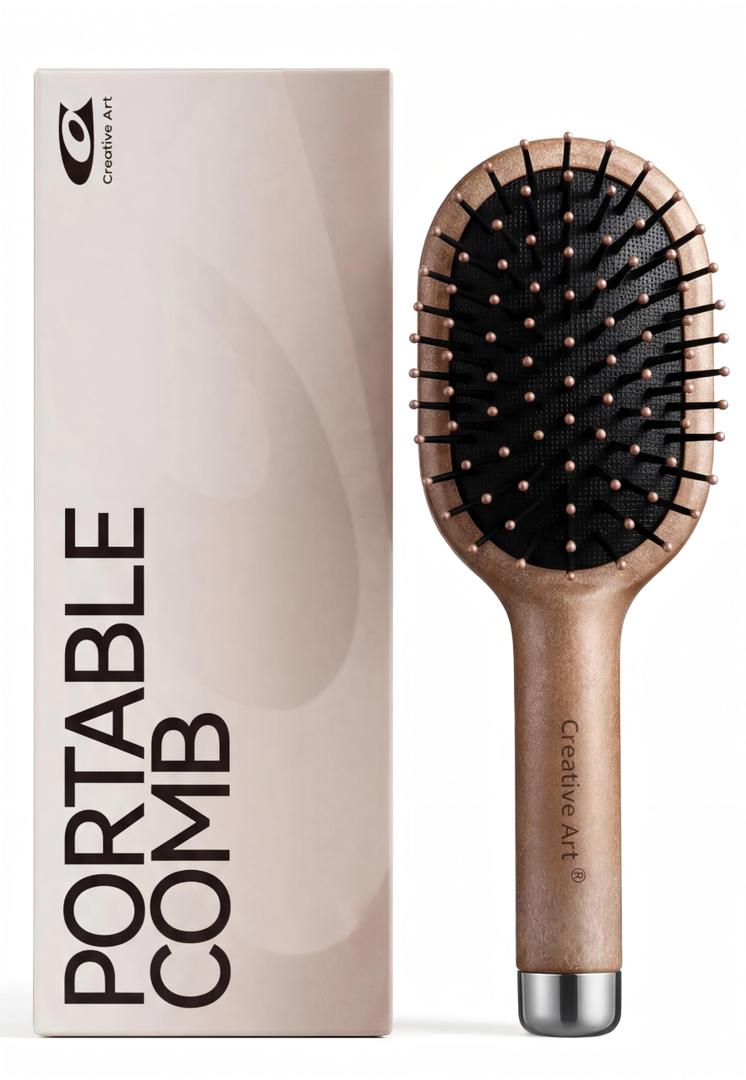 Creative Art Travel Brush for Women & Kids, Mini Hair Brush for Hair Detangling Wet or Dry, Travel Hair Brush with Soft Bristles, Smoothing Hair Brush, Built-in Cleaner, Pull from Handle Bottom