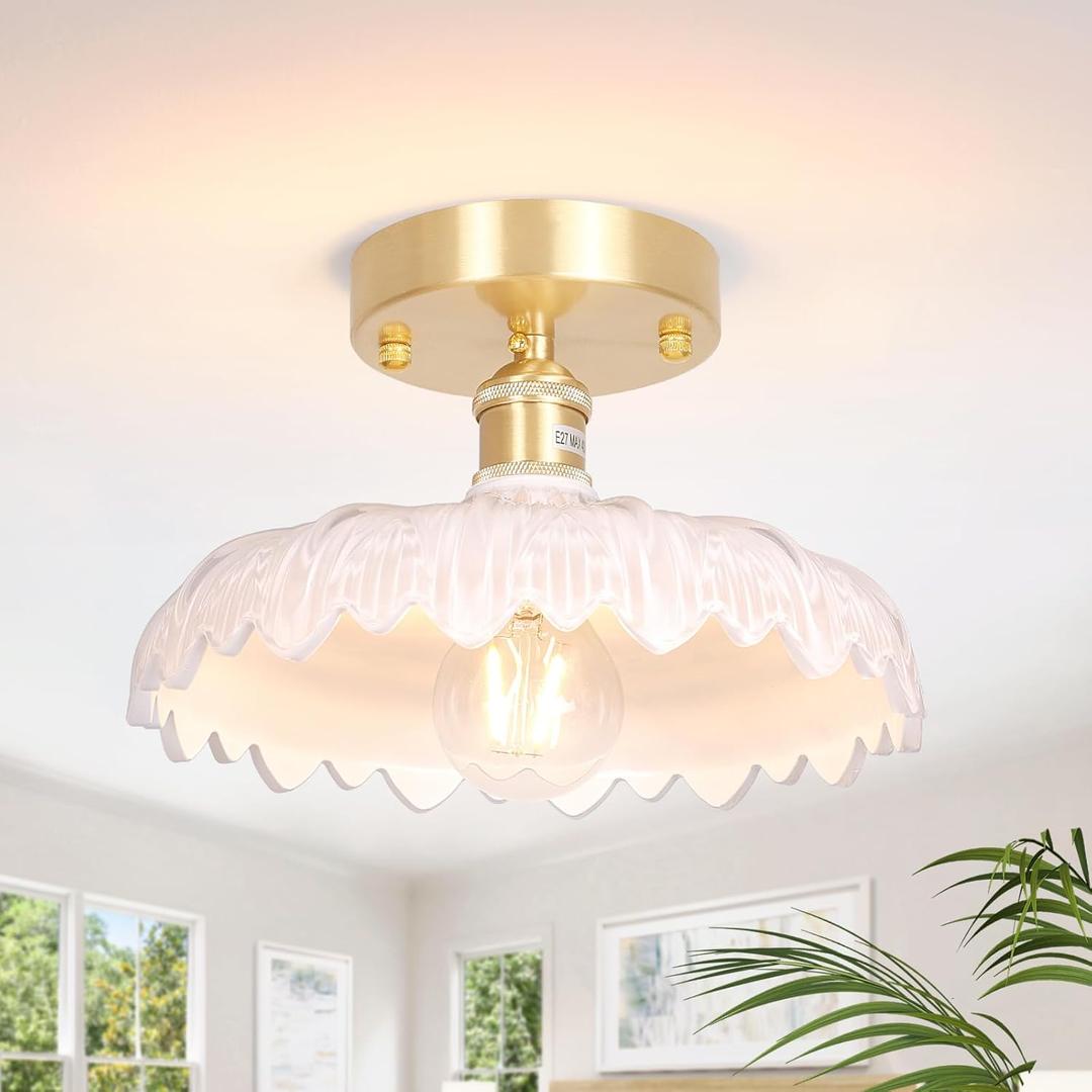 Semi Flush Mount Ceiling Light, Gold Hallway Vintage Lights Fixture Ceiling with White Flower Glass, Bulb Included, 4.72" Base Modern Ceiling Light Fixtures for Porch Corridor Kitchen Bedroom