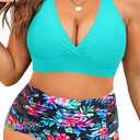 Yonique Womens Plus Size Bikini High Waisted Swimsuits Two Piece Bathing Suits Tummy Control Swimwear, 22 Plus, Aqua Colorful Floral