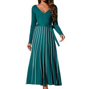 Zoifada Womens 2025 Spring Autumn V Neck Wrap Dress Long Sleeve Tie Waist Ribbed Knit High Waist A Line Casual Midi Dress Grey