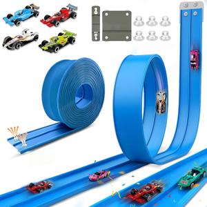 15.75 Ft Flex Track for Kids, Flexible Race Track Compatible with Hot Wheels and Diecast 1/64th Cars, Roll-Up Portable Race Car Ramp Track with Suction Cups & Track Anchors & 4 Race Cars, Blue