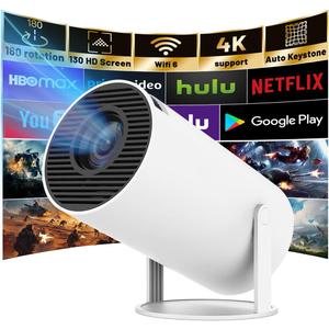 Mini Projector with Android System, HY300PRO 4K 1080P Support Portable Projector with WIFI 6 and Bluetooth, 160 ANSI, Auto Keystone Correction, 130" Screen Video Projector for Laptop/PC/Smartphone