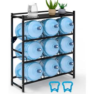 5 Gallon Water Jug Holder Heavy Duty4-Tier Water Jug Rack w/Top Shelf, Wall Mount Water Bottle Holder for 9 Bottles, Powder Coated Water Rack Stand for Home, Office, Restaurant, Gym.