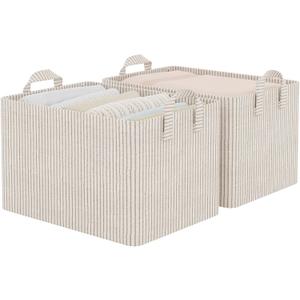 StorageWorks Storage Bins, Fabric Storage Bins for Shelves, Large Storage Baskets with Metal Frame, Closet Baskets and Bins with Handles, Khaki and Beige Stripes, 2-Pack
