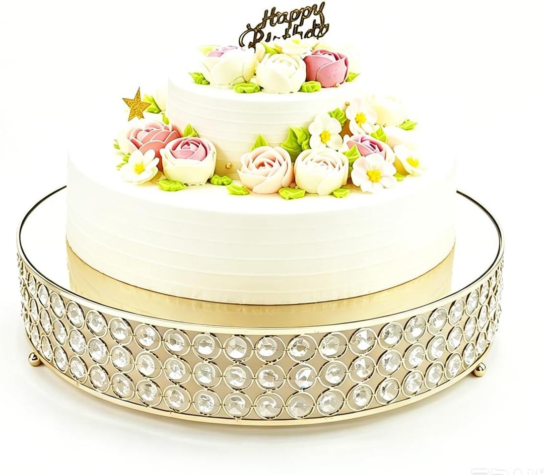 Metal Cake Stand with Mirror Top Plate Beaded Crystal Display Cake Pedestal,Baking Party Supplies Centerpiece,Gold 16 Inch