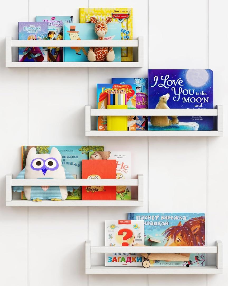 Forbena Floating Nursery Book Shelves for Wall Set of 4, White Wall Bookshelf for Kids Room, Small Wood Book Shelf Bookshelves for Baby Teen Boys Girls Bedoom Bathroom Toy and Decor Storage (16.5 Inch)
