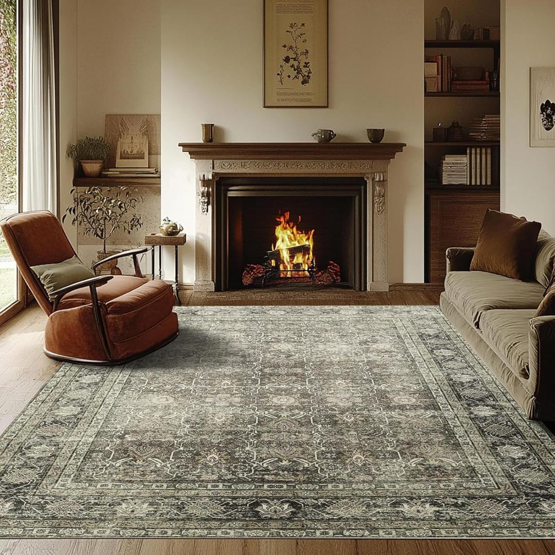 Washable Rugs 8x10 Area Rugs for Living Room,Ultra Soft Faux Wool Retro Rugs for Bedroom,Dining Room,Large Low Pile Vintage Carpet with Non Slip Backing- (Brownness,Brown,Atrovirens,White)