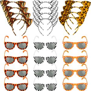 Yunsailing 24 Pcs Safari Party Favors 12 Animals Jungle Sunglasses 12 Animal Ears Headband for Wild One Birthday Decorations