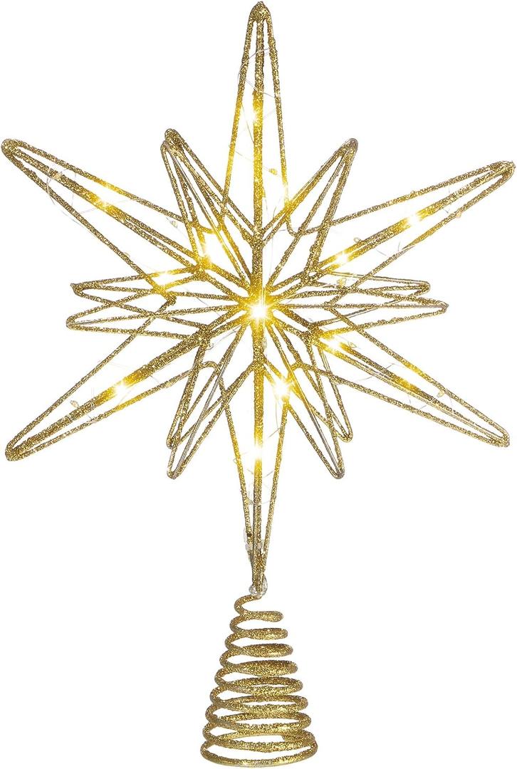 Sonwyoung Large Christmas Star Tree Topper with 20 LED Lights 12.5 Inch Star Tree Topper Glitter Sparkle Xmas Treetop Ornament for Home Holiday Party Decorations(Gold)