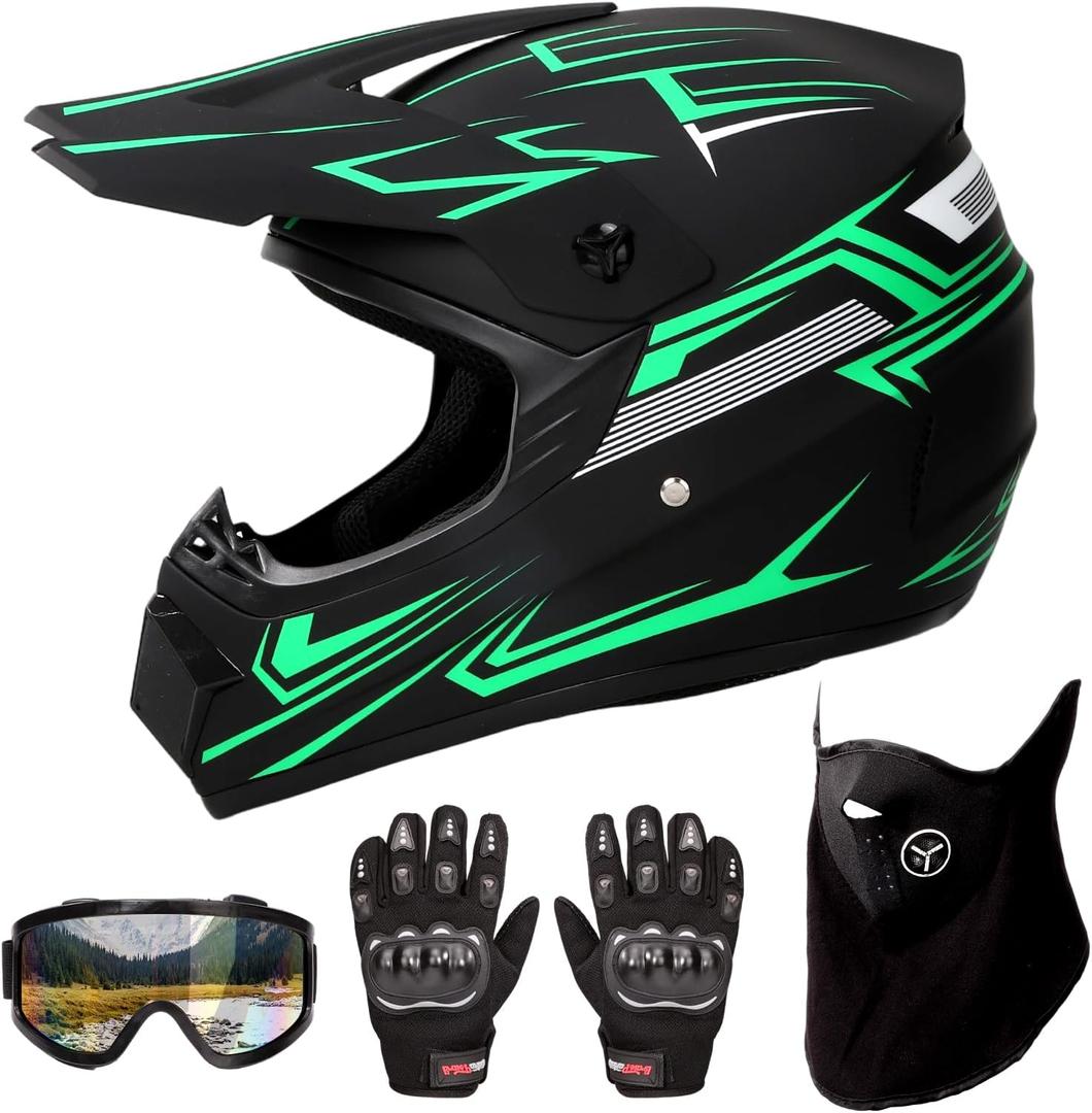 Dirt Bike Helmets, DOT Approved Green Motocross Helmet(L)