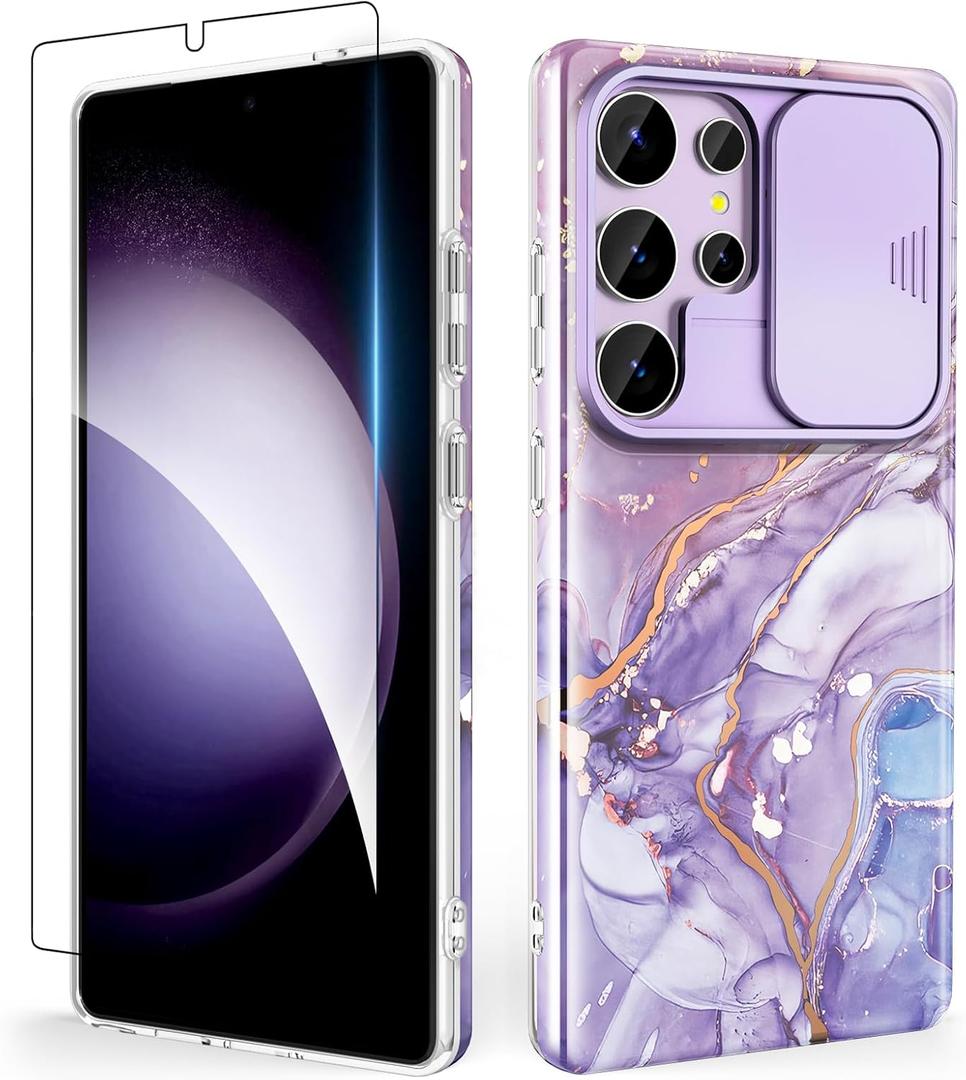 SHEDEER for Samsung Galaxy S25 Ultra Case with Slide Camera Cover & Screen Protector, Anti-Yellowing Chic Pattern Design, Shockproof Anti-Scratch Slim Thin Phone Cover Samsung S25 Ultra 6.9'', Violet