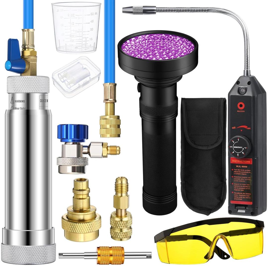 Tellegloww AC Leak Detector Kit, R1234yf R134a R410a AC Oil UV Dye Injector Kit Refrigerant Leak Detector Tool Low Side Quick Coupler Mini Split Adapter Glasses Flashlight(Efficient)