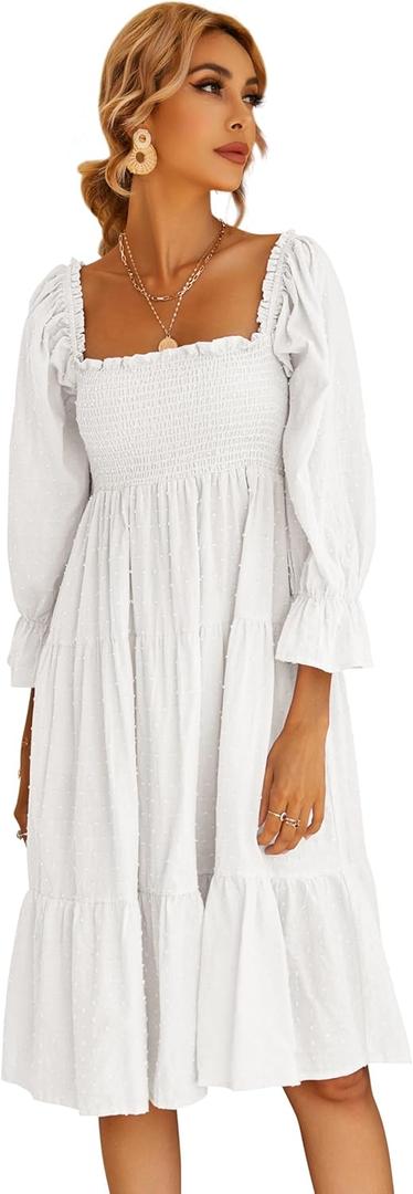 R.Vivimos Women's Summer Cotton Plaid Puff Sleeves Bow Casual Off-Shoulder Boho Midi Dress (Medium, White)