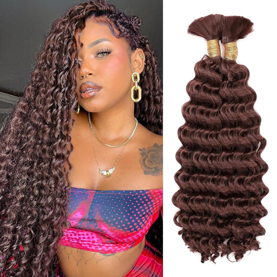 18 Inch Deep Wave Bulk Hair for Braiding 2 Bundles 200G Dark Brown Curly Braiding Hair for Boho Braids Curls 100g/Bundles Micro Twist No Weft Wet and Wavy Bohemian Braiding Hair Extensions,33#