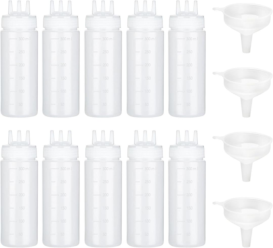 3 Hole Squeeze Bottle for Sauces, Plastic Squeeze Condiment Bottles Tomato Sauce Dispensers for Ketchup BBQ Dressing Paint Workshop Pancake Art Craft with 2 Funnels (10oz-10pcs)