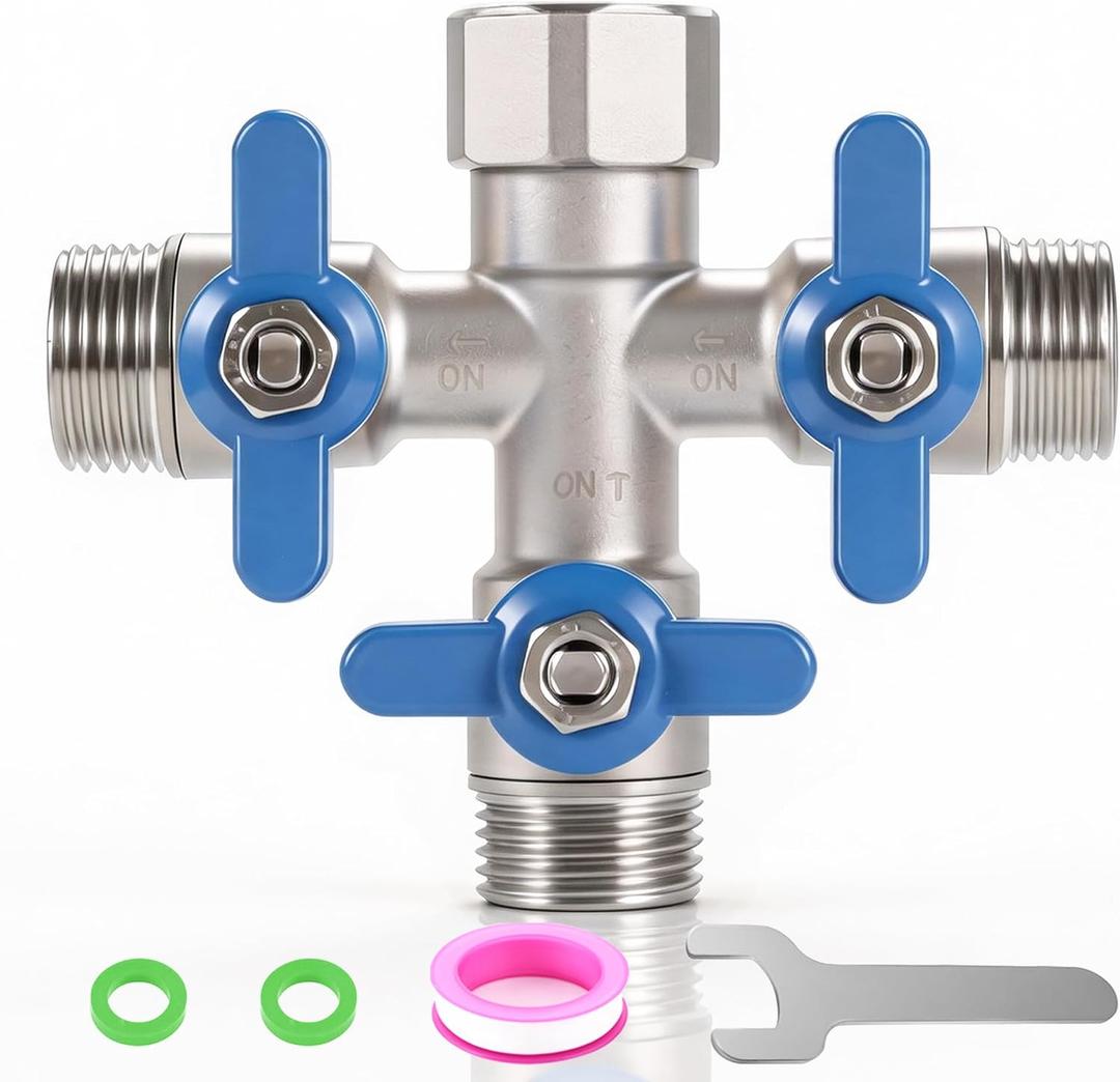 304 Stainless Steel 3 Way Hose Splitter Heavy Duty, Full Flow Garden Hose Splitter with metal Long Handle,Lead-free,3/4 Inch GHT Thread Water Hose Connector For Outdoor Spigot Faucet