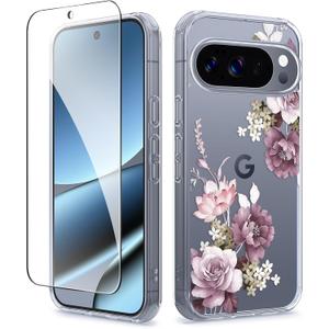 GVIEWIN for Google Pixel 10 Case/Pixel 10 Pro Case with Screen Protector, [Military Grade Drop Protection] Non Yellowing Clear Floral Slim Phone Cover for Women 2025 6.3" (Cherry Blossoms/Purple)