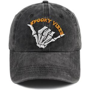 Funny Halloween Spooky Vibes Hats, Adjustable Embroidery Cotton Skeleton Hand Vintage Baseball Cap for Men Women (One Size, Black)