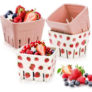 Pumtus 2 Pack Ceramic Berry Basket, Square Fruit Bowls, Kawaii Strawberry Kitchen Bowl Containers, Cute Stoneware Berry Colander Bins for Veggie, Berries, Fruits, Home Decor